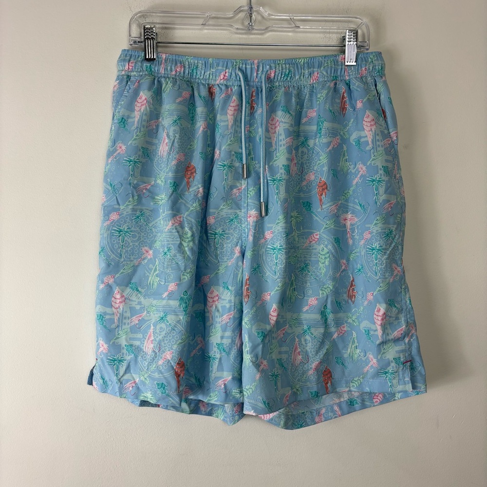 Peter Millar Seaside Collection Swim Trunks Men’s L Light Blue Fishing Lure